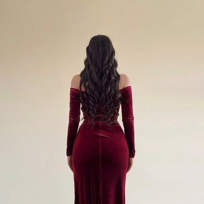 Women’s Long Dress – Velvet – Bodycon Fit – Off Shoulder – Crossover Bust – High Slit