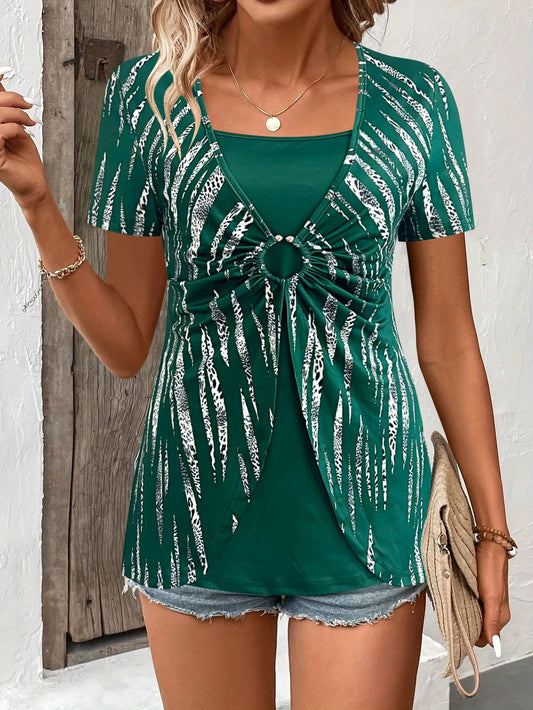 Women’s T-Shirt – Relaxed Fit – Ethnic Print – Waist Ring – Layered Silhouette