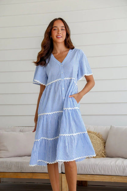 Women’s V-Neck Dress – Loose Fit – Tiered Layers with Lace Trim – Short Sleeve Cotton Blend