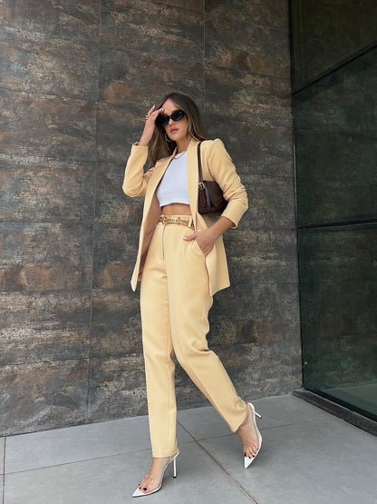 Women's Chic Beige Suit - Tailored Blazer & Pants Set
