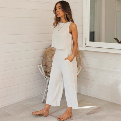 Women’s Lounge Set – Sleeveless Crop Top – Wide Leg Pants – Lightweight Cotton Blend