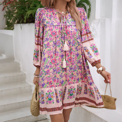 Women’s V-neck Dress – Floral Print – Tiered Hem – Relaxed Fit – Cotton Blend