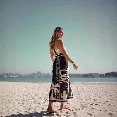 Women’s Strapless Top and Skirt Set – Slim Fit – Shell Print – High Waist Midi Skirt