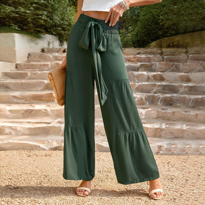 Women’s Wide-Leg Trousers – High Waist – Tie Front – Elastic Waist – Breathable Cotton