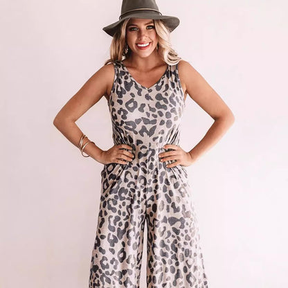 Women’s Jumpsuit – Sleeveless V-Neck – Loose Fit – Cropped Wide Leg – Leopard Print