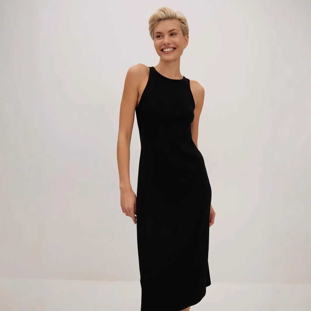 Women’s Midi Dress – Slim Fit – High Neck – Sleeveless – Satin Feel Elegant Wear