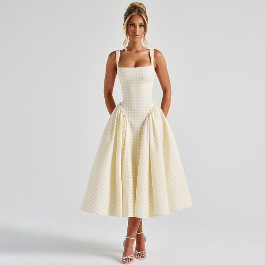 Women’s Midi Dress – Princess Silhouette – Square Neck – Checkered Pattern