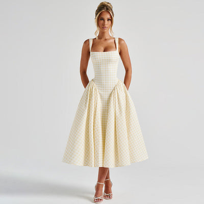 Women’s Midi Dress – Princess Silhouette – Square Neck – Checkered Pattern