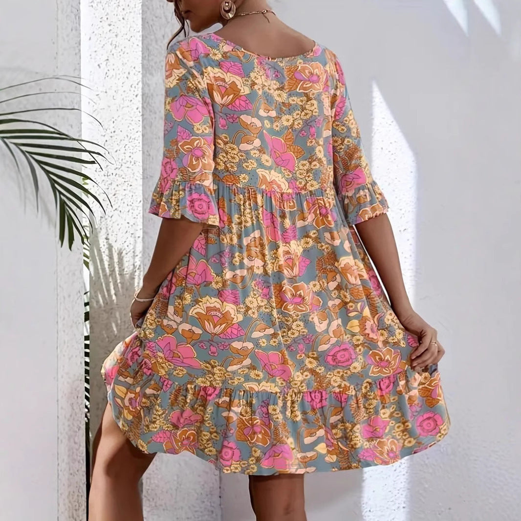 Women’s Mini Dress – Flowy A-Line Fit – V-Neck – 3/4 Ruffle Sleeve – Floral Cotton