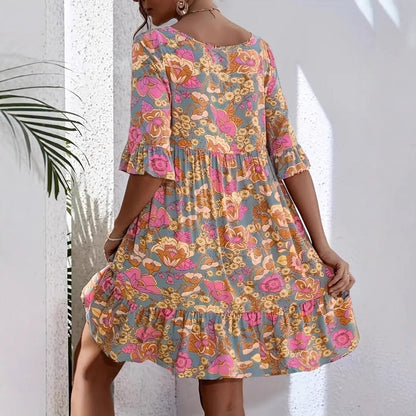 Women’s Mini Dress – Flowy A-Line Fit – V-Neck – 3/4 Ruffle Sleeve – Floral Cotton