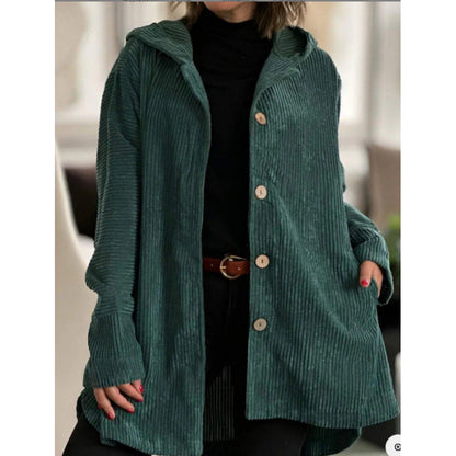 Women’s Hooded Jacket – Corduroy – Relaxed Fit – Mid-Length – Casual Style