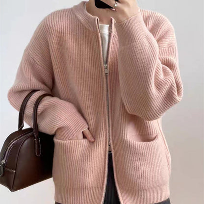 Women’s Knit Cardigan – Oversized Fit – Ribbed Wool Blend – Dual Zipper – Crew Neck