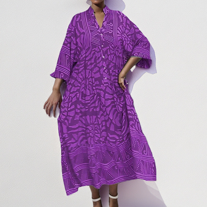 Women’s Midi Dress – Loose Fit – Button-Front – Rolled Sleeves – Abstract Print – Breathable Fabric