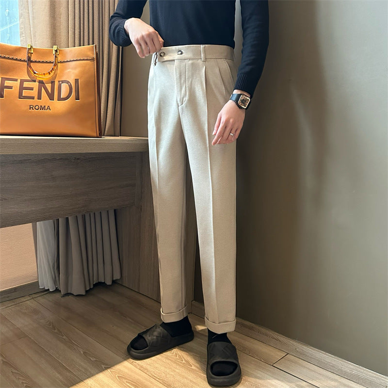 Men’s Dress Trousers – Wool Blend – Tailored Fit – High Waist – Pleated Front – Cuffed Hem