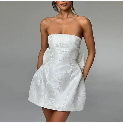 Women’s Mini Dress – Jacquard Fabric – Strapless Sweetheart Neck – Back Bow Detail