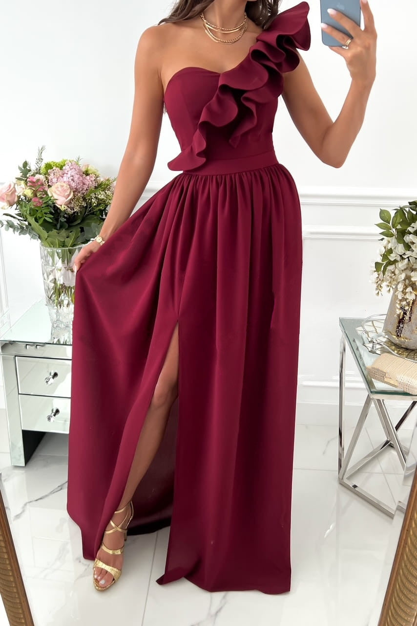 Women’s Evening Dress – One-Shoulder Ruffle – High Slit – Flowy Silhouette – Satin Look