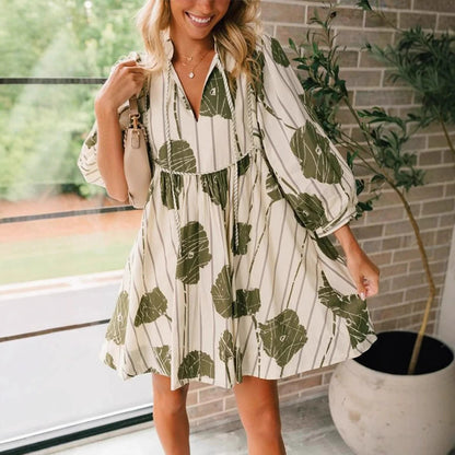 Women’s Short Dress – Cotton Blend – Puff Sleeve – V-Neck – Floral Print – Cinched Waist