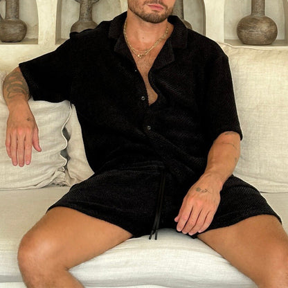 Men’s Outfit Set – Textured Button-Up Shirt and Drawstring Shorts – Relaxed Fit Breathable