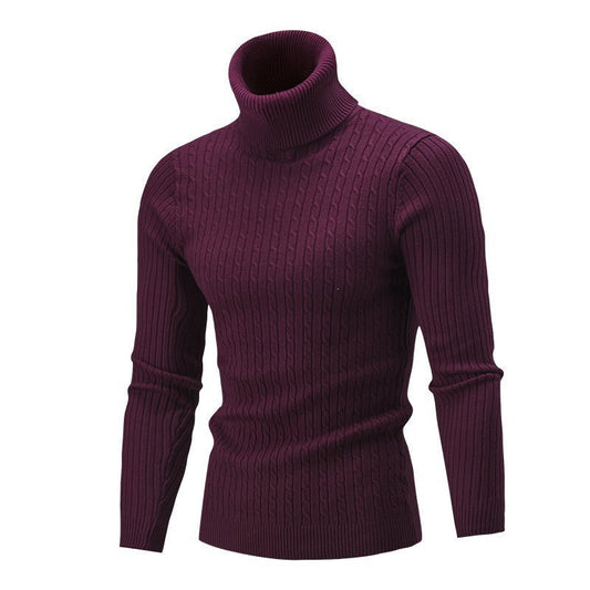 Men’s Turtleneck Sweater – Slim Fit – Wool Knit – Cable Pattern – Ribbed Hem