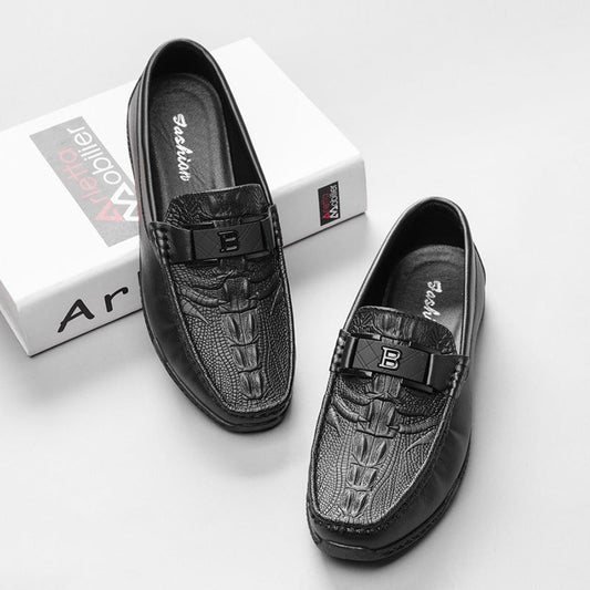Men’s Slip-On Loafers – Crocodile Pattern – Embellished Band – Streamlined Fit