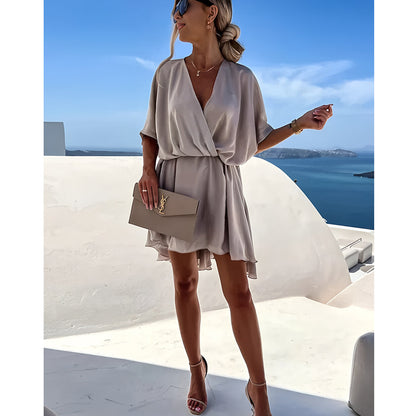 Women’s Dress – Relaxed Fit – Batwing Sleeves – Twist Knot Waist – Asymmetrical Hem