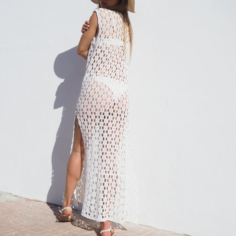 Women’s Maxi Dress – Crochet Knit – Sleeveless Sheer Cover-Up – Side Slit Relaxed Fit