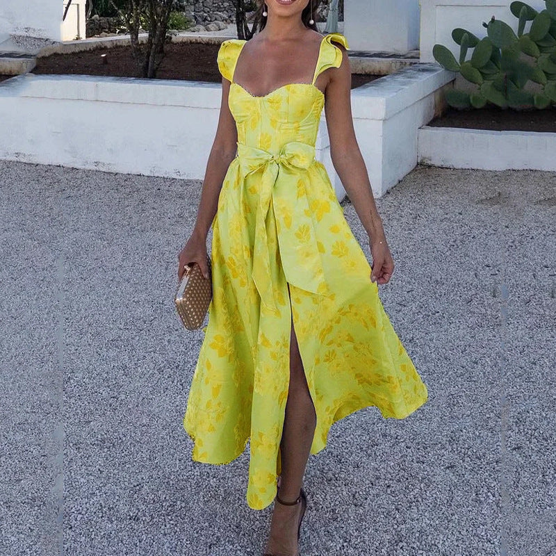 Women’s Maxi Dress – Floral Print – Sweetheart Neckline – Tie Straps – Cotton A-Line