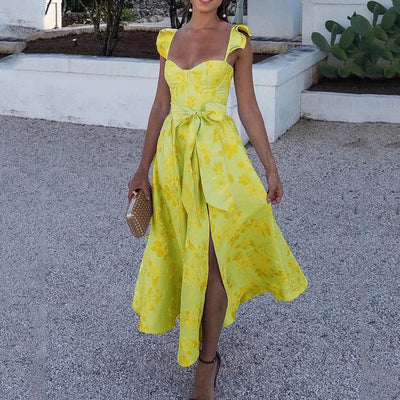 Women’s Maxi Dress – Floral Print – Sweetheart Neckline – Tie Straps – Cotton A-Line