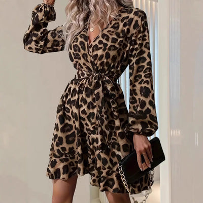 Women’s Wrap Midi Dress – Tailored Fit – V-Neck – Tie Waist – Balloon Sleeve – Leopard Print
