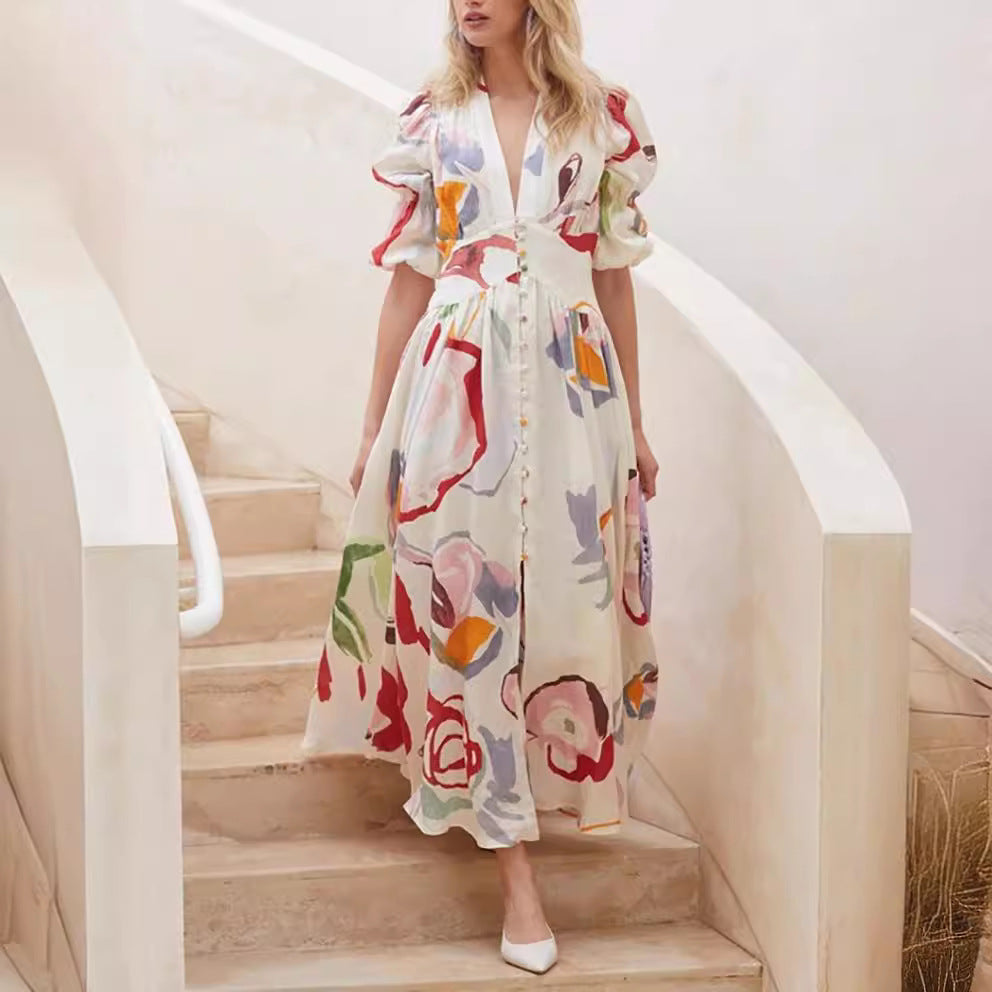 Women’s Maxi Dress – Natural Fibers – Relaxed Fit – Balloon Sleeves – Button Front