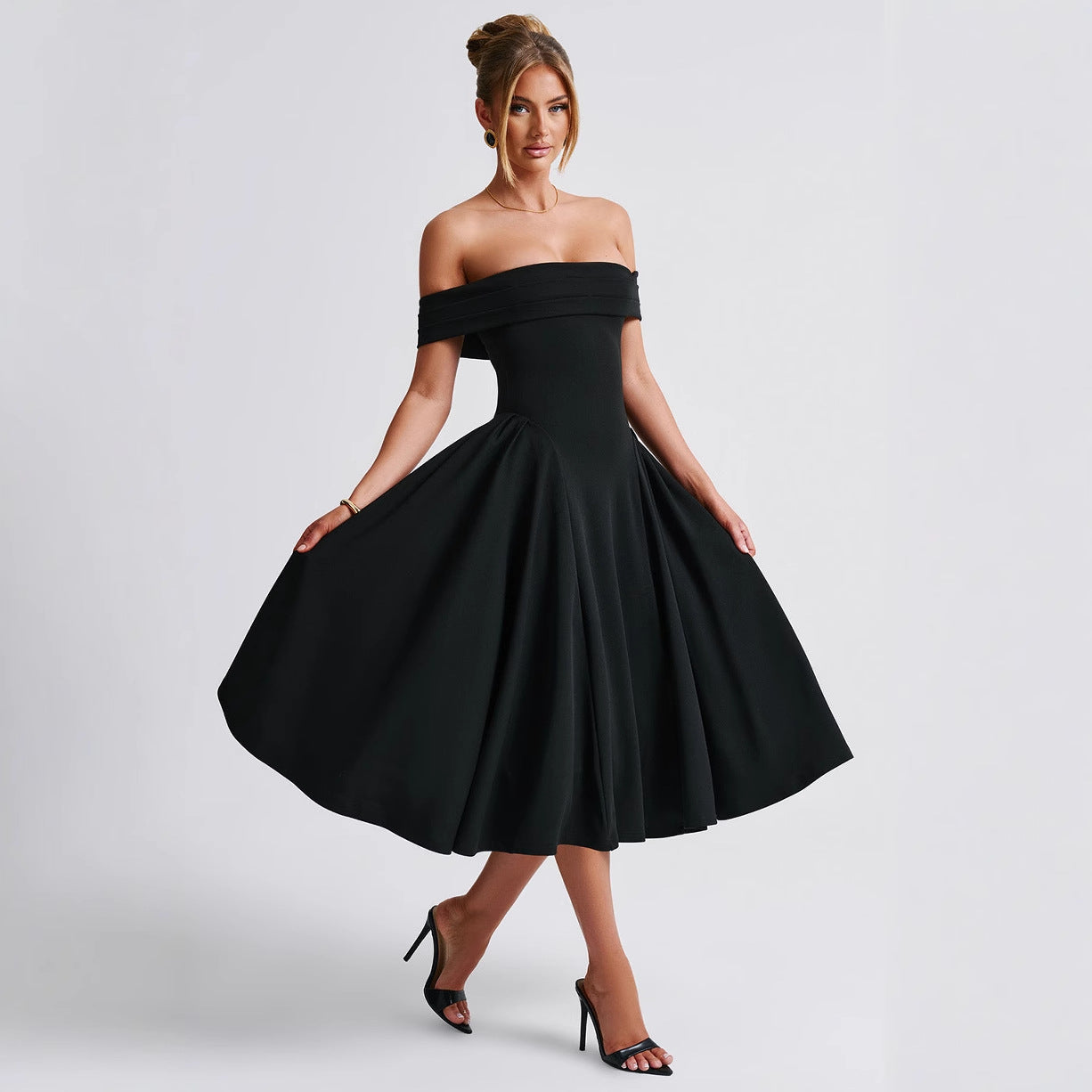 Women’s Midi Dress – Off Shoulder – A-Line Fit – Elegant Formal Evening Wear