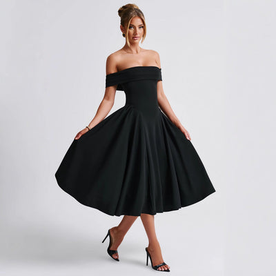 Women’s Midi Dress – Off Shoulder – A-Line Fit – Elegant Formal Evening Wear