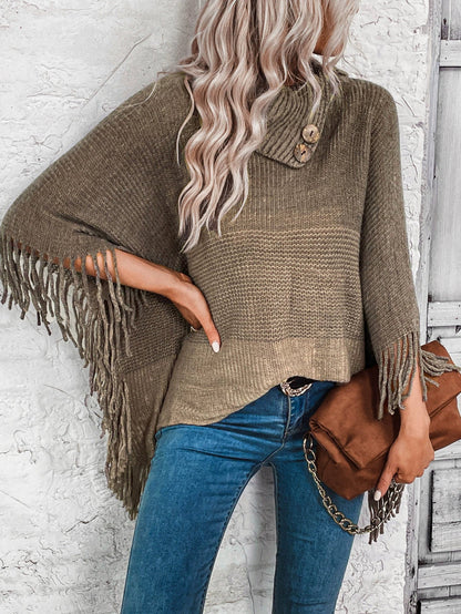 Women’s Knitted Poncho – Wool Blend Knit – Oversized Fit – Lapel Neck with Fringe Hem