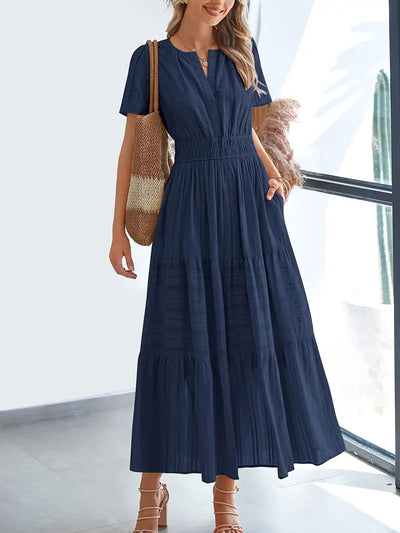 Women’s Maxi Dress – V-Neck – Puff Sleeve – Ruched Waist – Tiered A-Line Fit