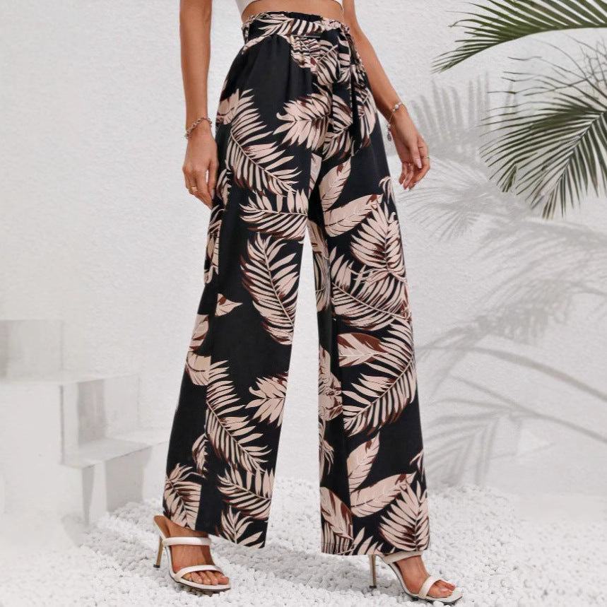 Women’s Wide-Leg Trousers – Bohemian Print – High Waist Tie Belt – Flowy Fit
