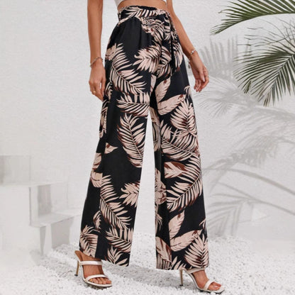 Women’s Wide-Leg Trousers – Bohemian Print – High Waist Tie Belt – Flowy Fit