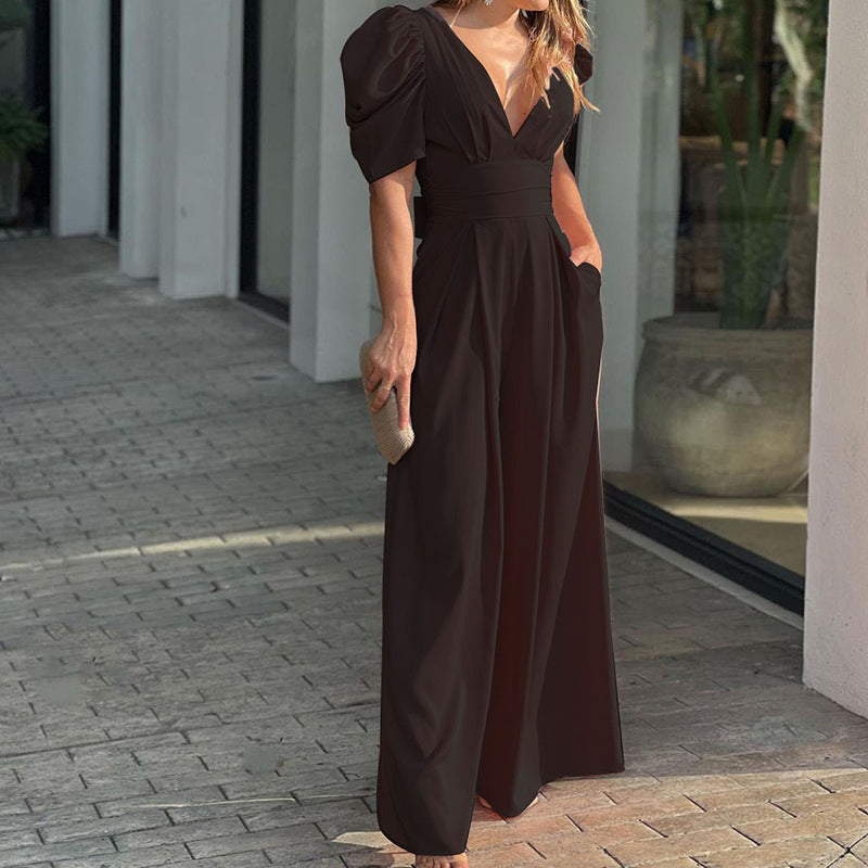 Women’s Jumpsuit – Wide Leg – Puff Sleeve – V-Neck – Cinched Waist – Full Length