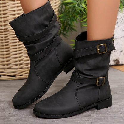 Women’s Mid-Calf Boots – Faux Leather – Buckle Straps – Distressed Vintage Style