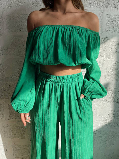Women’s Two-Piece Set – Off-Shoulder Crop Top – Wide-Leg High-Waist Trousers – Lightweight Fabric