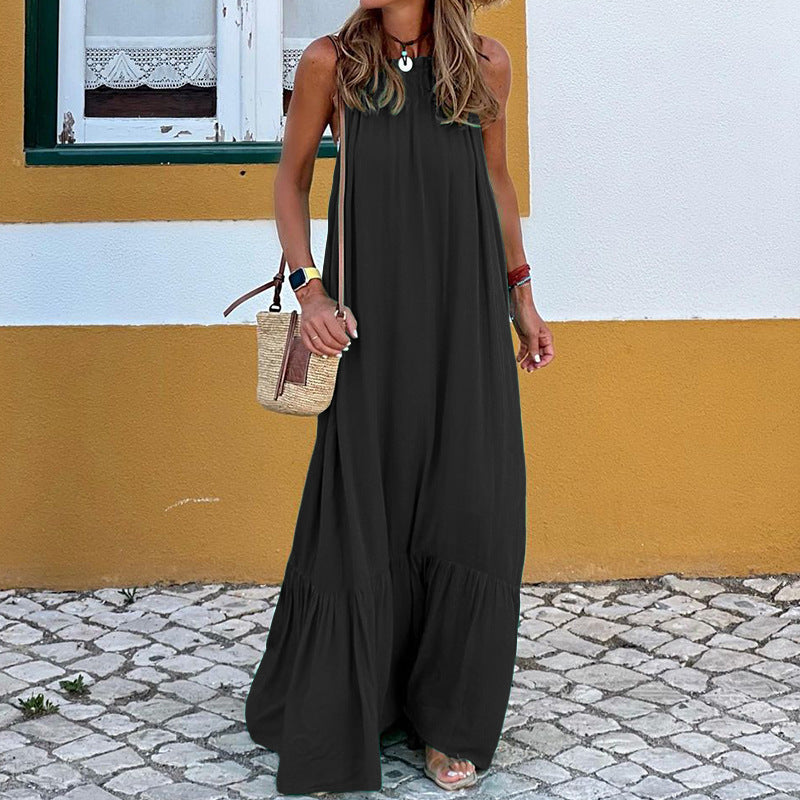 Women’s Beach Dress – Flowing Fit – Sleeveless Halter – Natural Fibers – Tiered Hem
