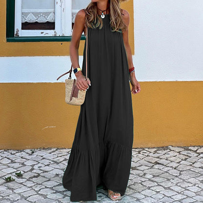 Women’s Beach Dress – Flowing Fit – Sleeveless Halter – Natural Fibers – Tiered Hem