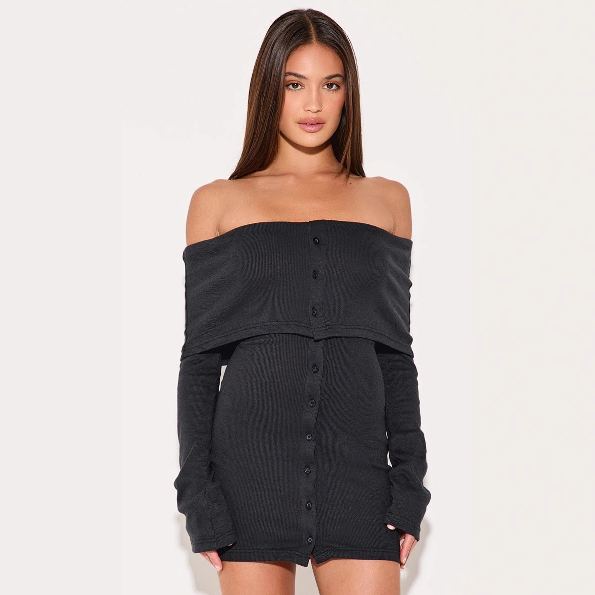 Women’s Off-Shoulder Dress – Slim Fit – Ribbed Knit – A-Line Mini – Button Front