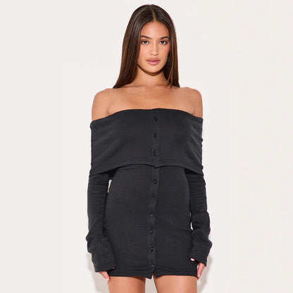 Women’s Off-Shoulder Dress – Slim Fit – Ribbed Knit – A-Line Mini – Button Front