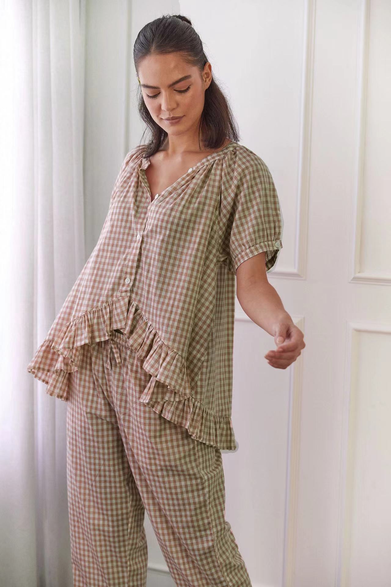 Women’s Matching Shirt and Pant Set – Lightweight Cotton – Relaxed Fit – Ruffle Trim