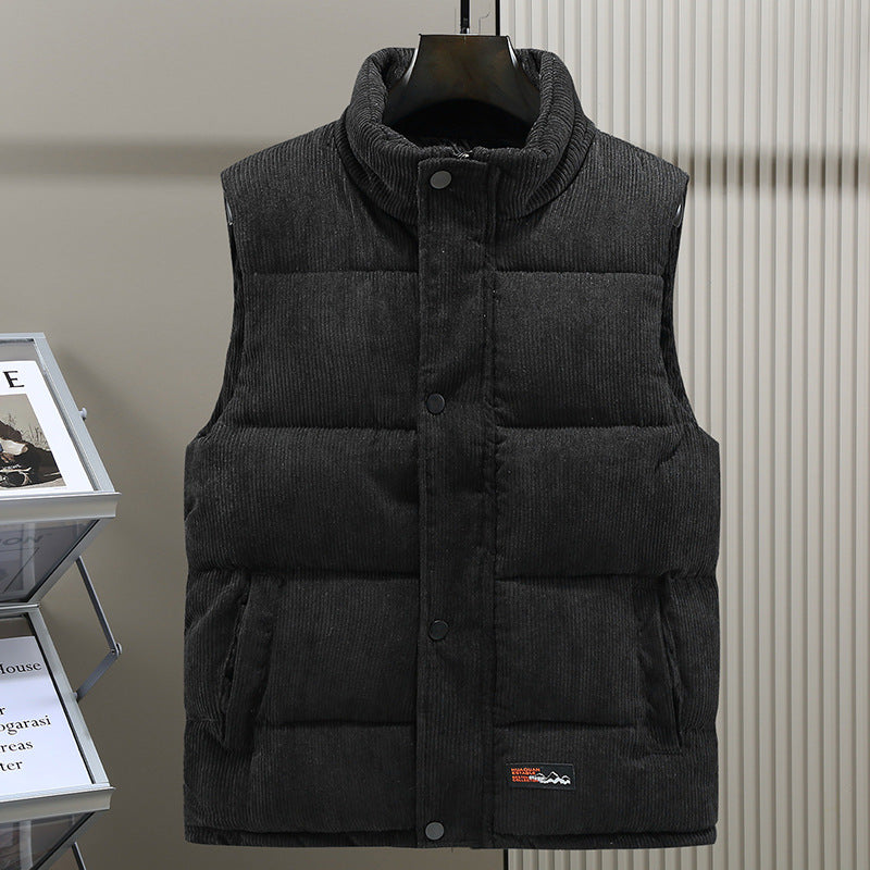 Men’s Quilted Vest – Corduroy – Padded Structured Fit – Stand Collar – Snap Closure