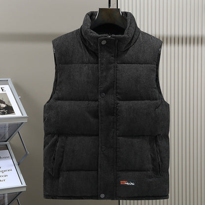 Men’s Quilted Vest – Corduroy – Padded Structured Fit – Stand Collar – Snap Closure