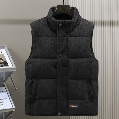 Men’s Quilted Vest – Corduroy – Padded Structured Fit – Stand Collar – Snap Closure