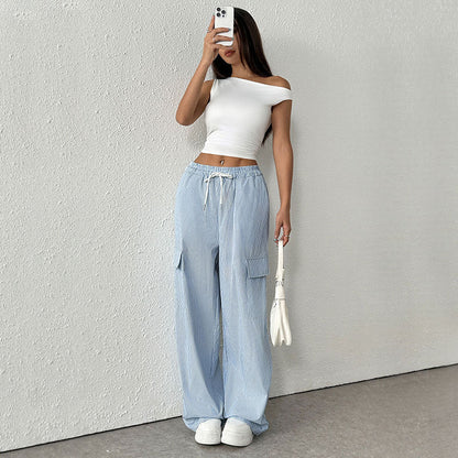Women’s Wide Leg Trousers – Cotton Blend – Loose Fit – Full Length – Striped – Pockets