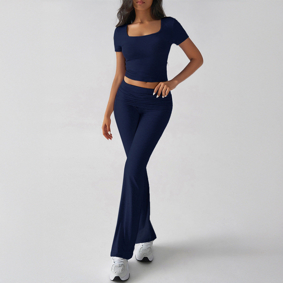 Women’s Two-Piece Set – Slim Fit Crop Top & Flared Trousers – Stretch Soft Fabric