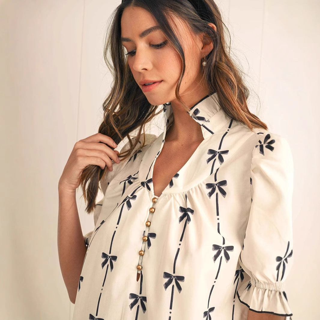 Women’s A-Line Dress – Lightweight Cotton – Puff Sleeve – Bow Print – Above Knee